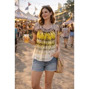 Boho Tie Dye Mesh Layered Blouse Neon Yellow Festival Hippie Flow Top Small